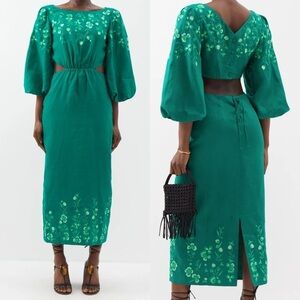 Saloni Neelam floral embroidered cutout linen dress emerald green sz us 12